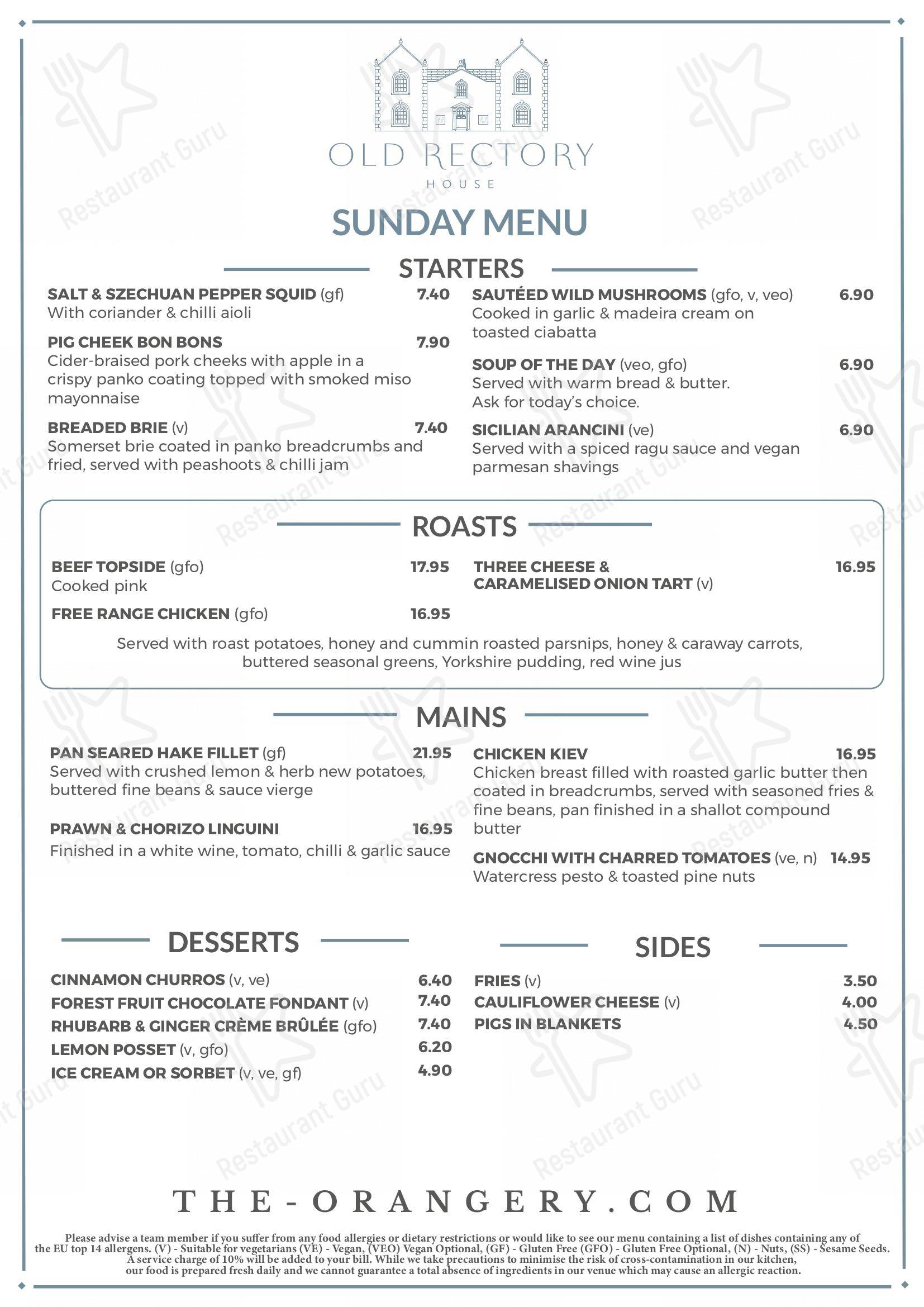 Menu at The Orangery Restaurant & Cocktail Lounge, Redditch