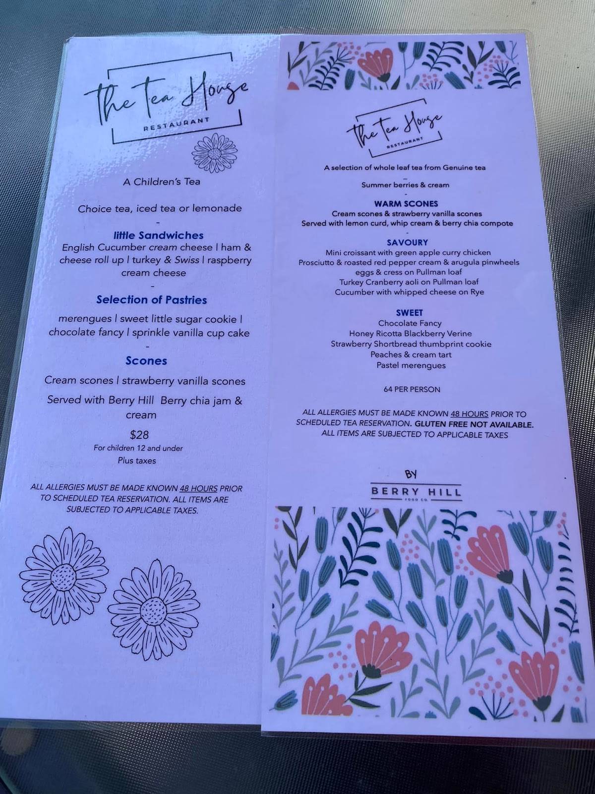 Menu at The Tea House Restaurant at Parkwood, Oshawa