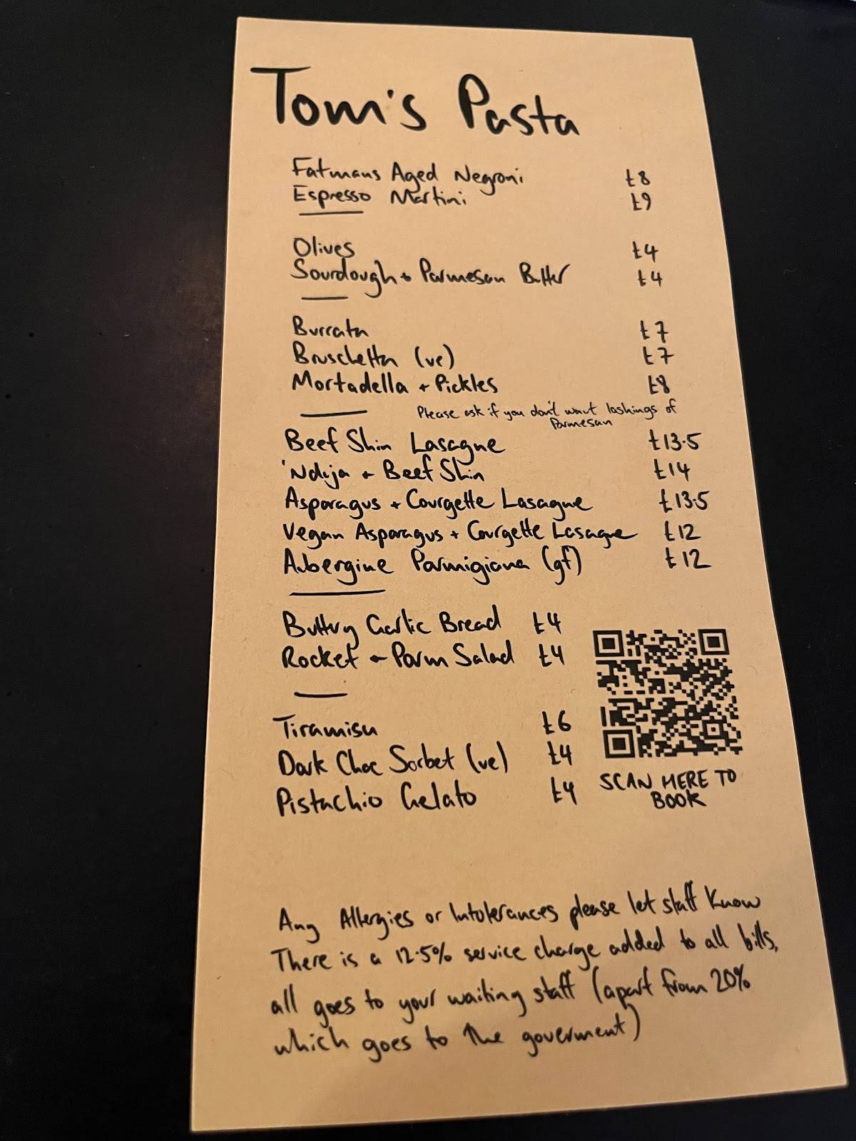 Menu at Tom's Pasta restaurant, London