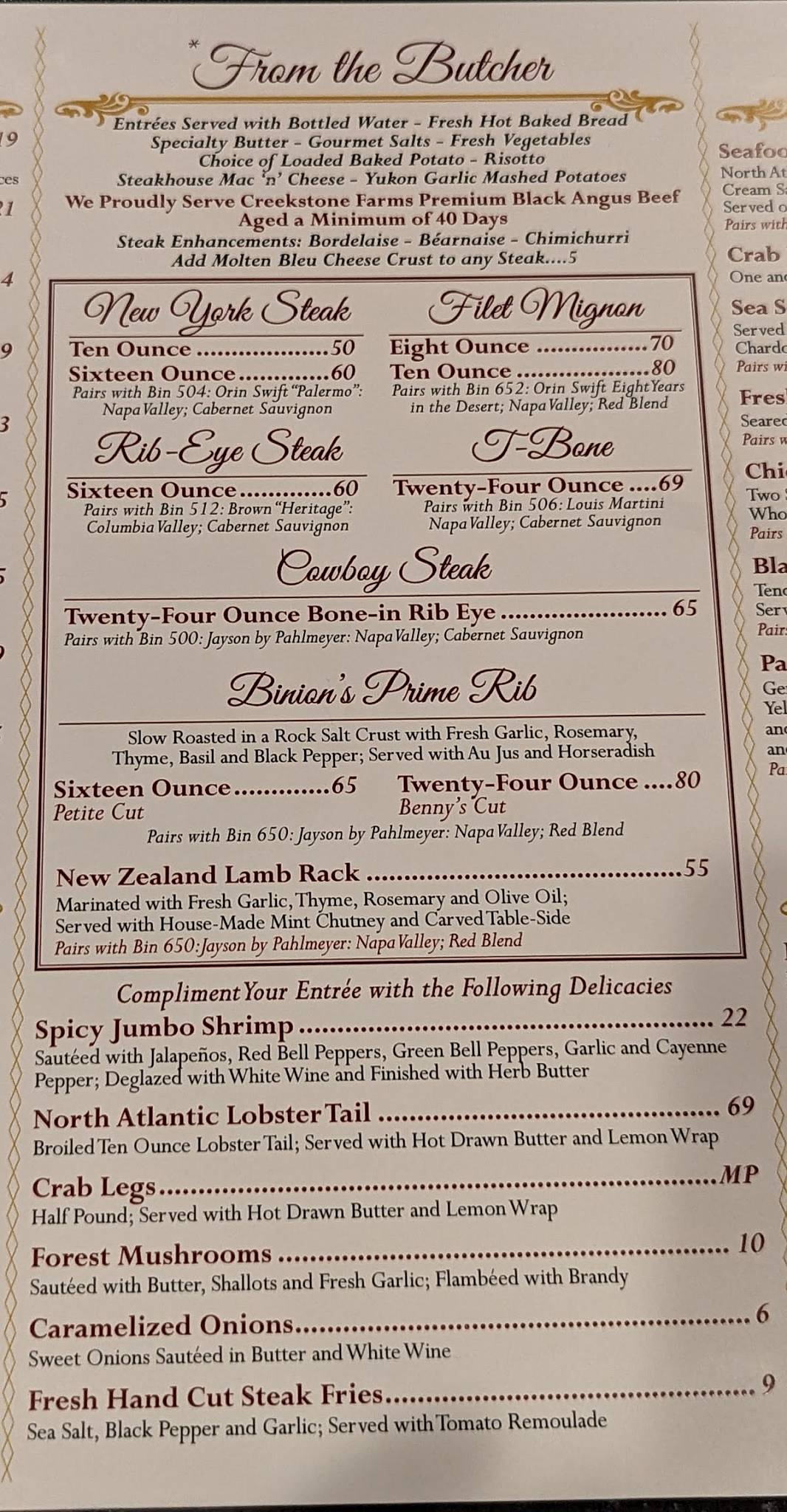 Menu at Top Of Binion's Steakhouse, Las Vegas