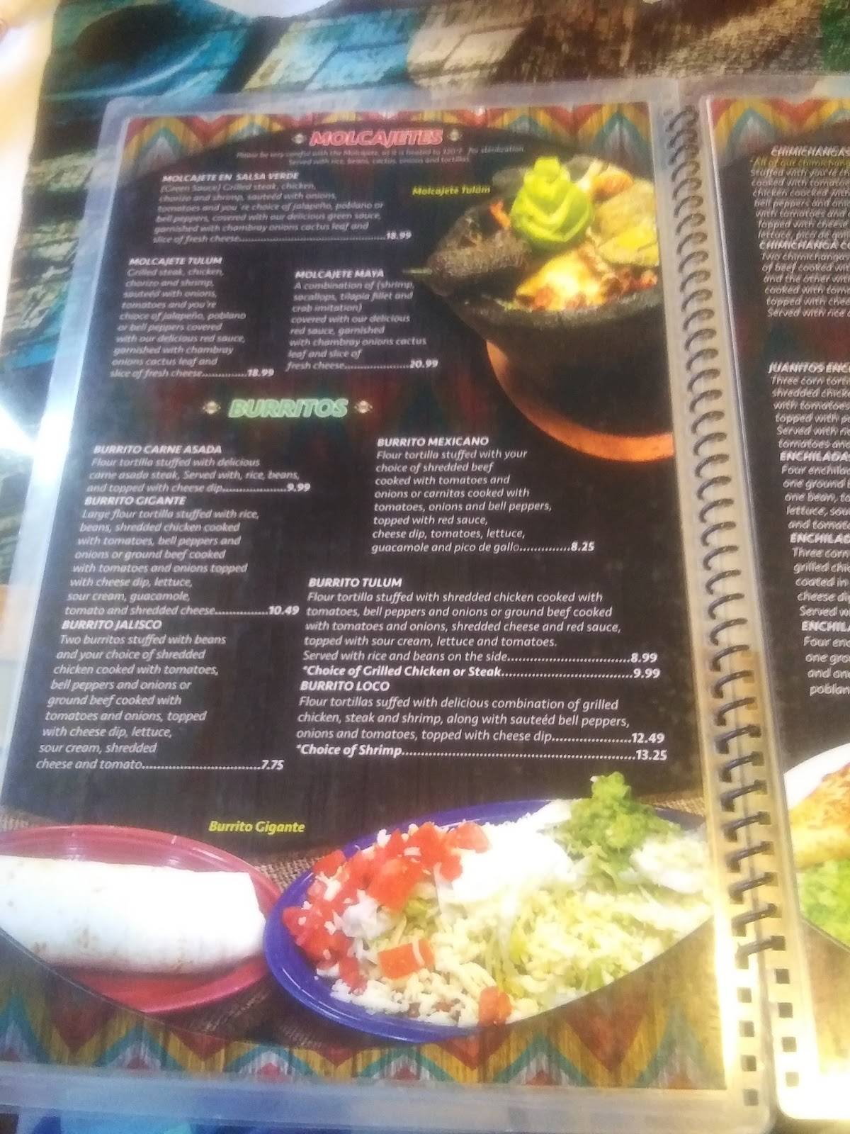 Menu at Tulum restaurant, Plover