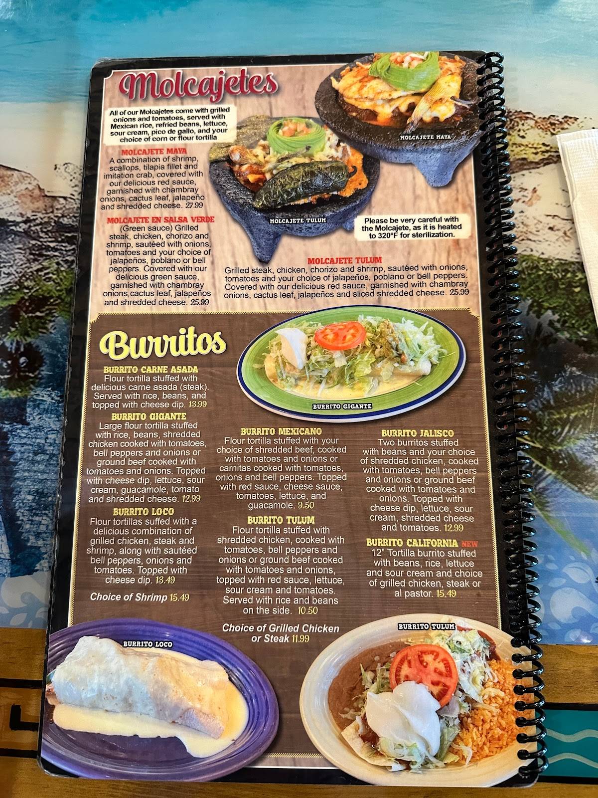 Menu at Tulum restaurant, Plover