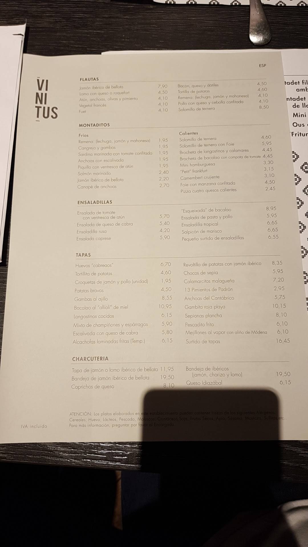 Menu at Vinitus pub & bar, Barcelona, C/ del Consell de Cent