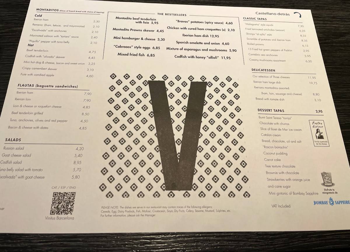 Menu at Vinitus pub & bar, Barcelona, C/ del Consell de Cent