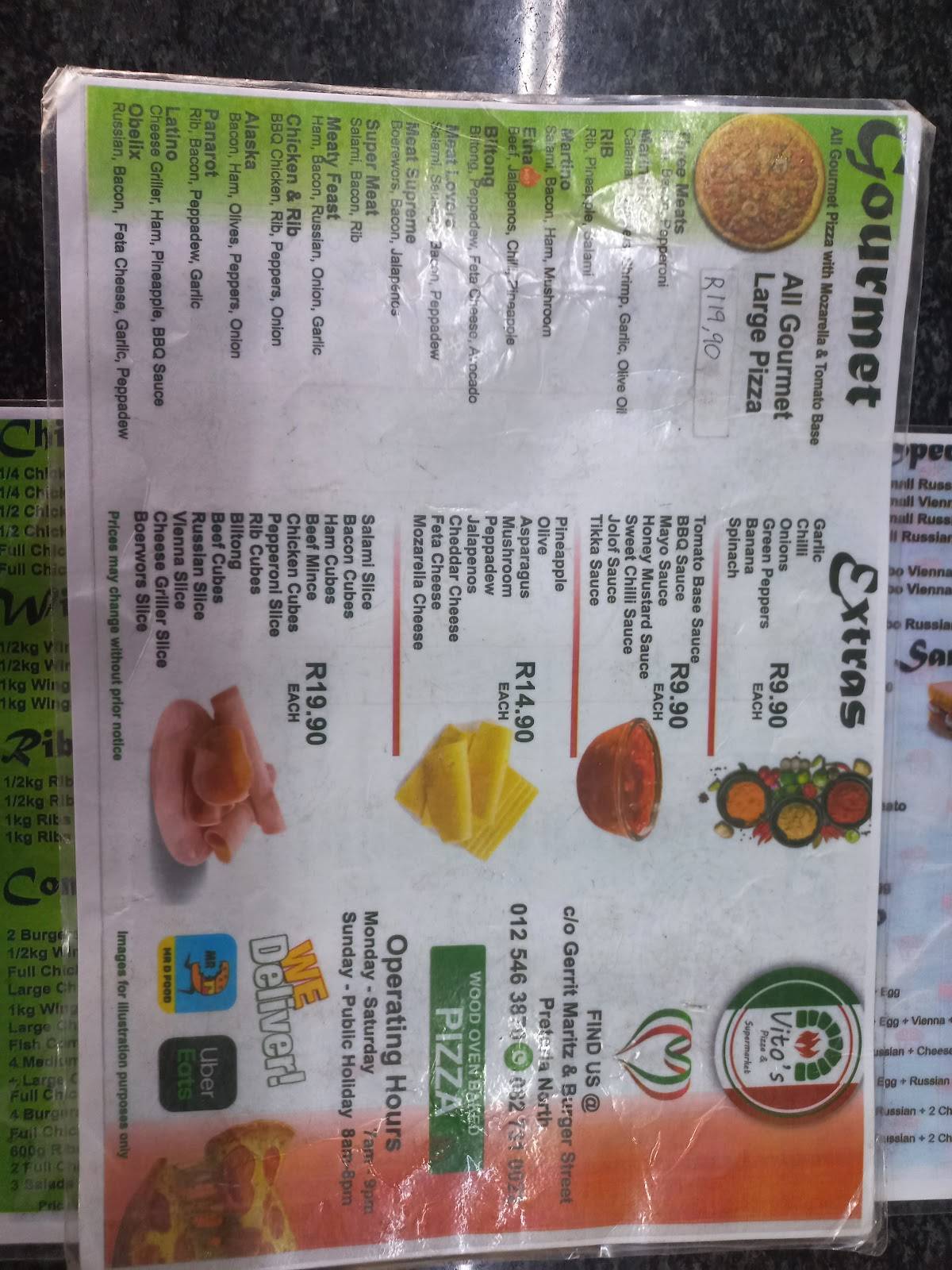 Menu at Vito's Pizza, Pasta Express & Supermarket pizzeria, Pretoria