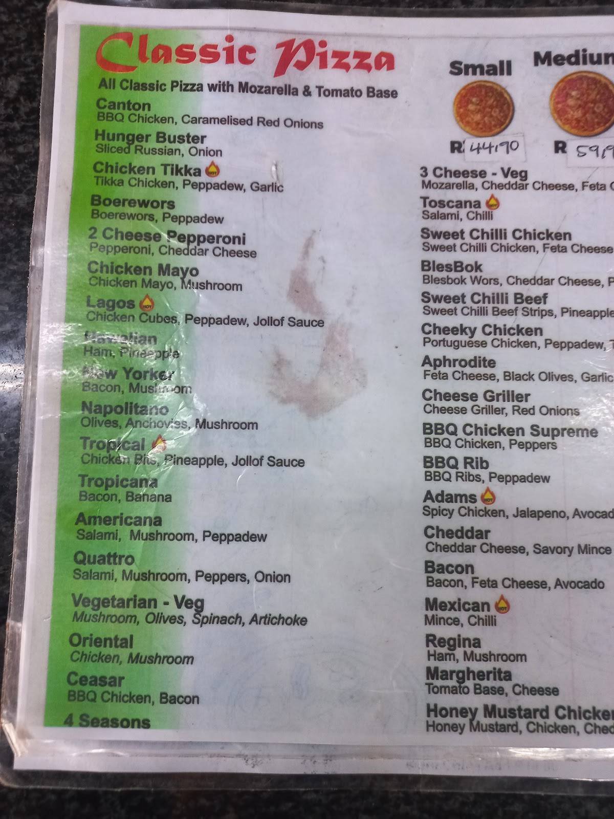 Menu at Vito's Pizza, Pasta Express & Supermarket pizzeria, Pretoria