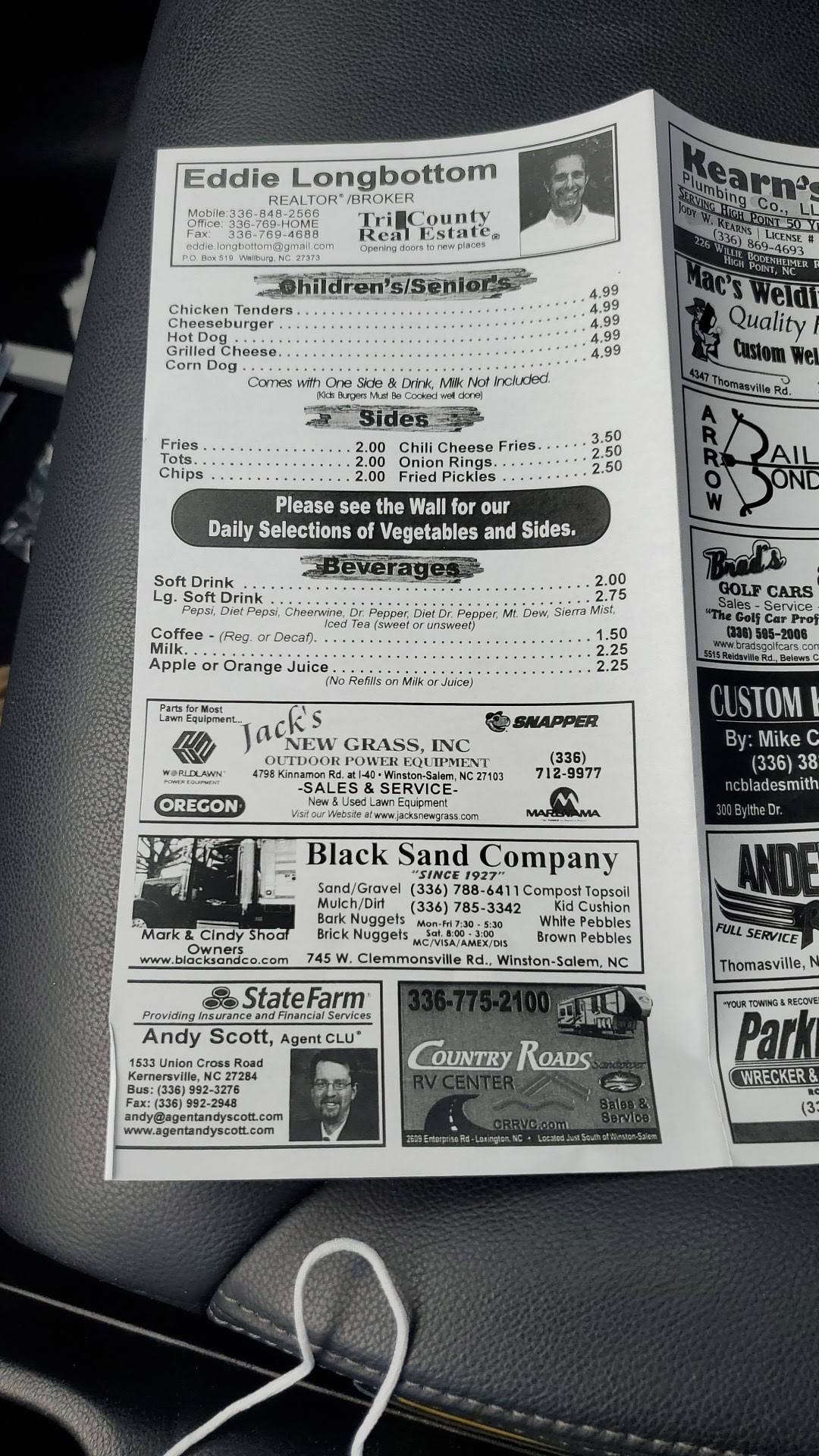 Menu at Wallburg Diner restaurant, Wallburg, NC109