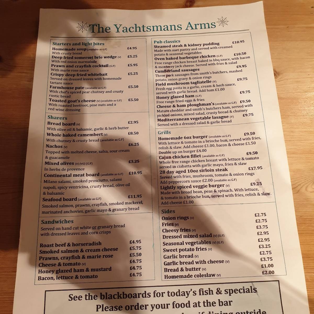 yachtsmans arms brightlingsea menu