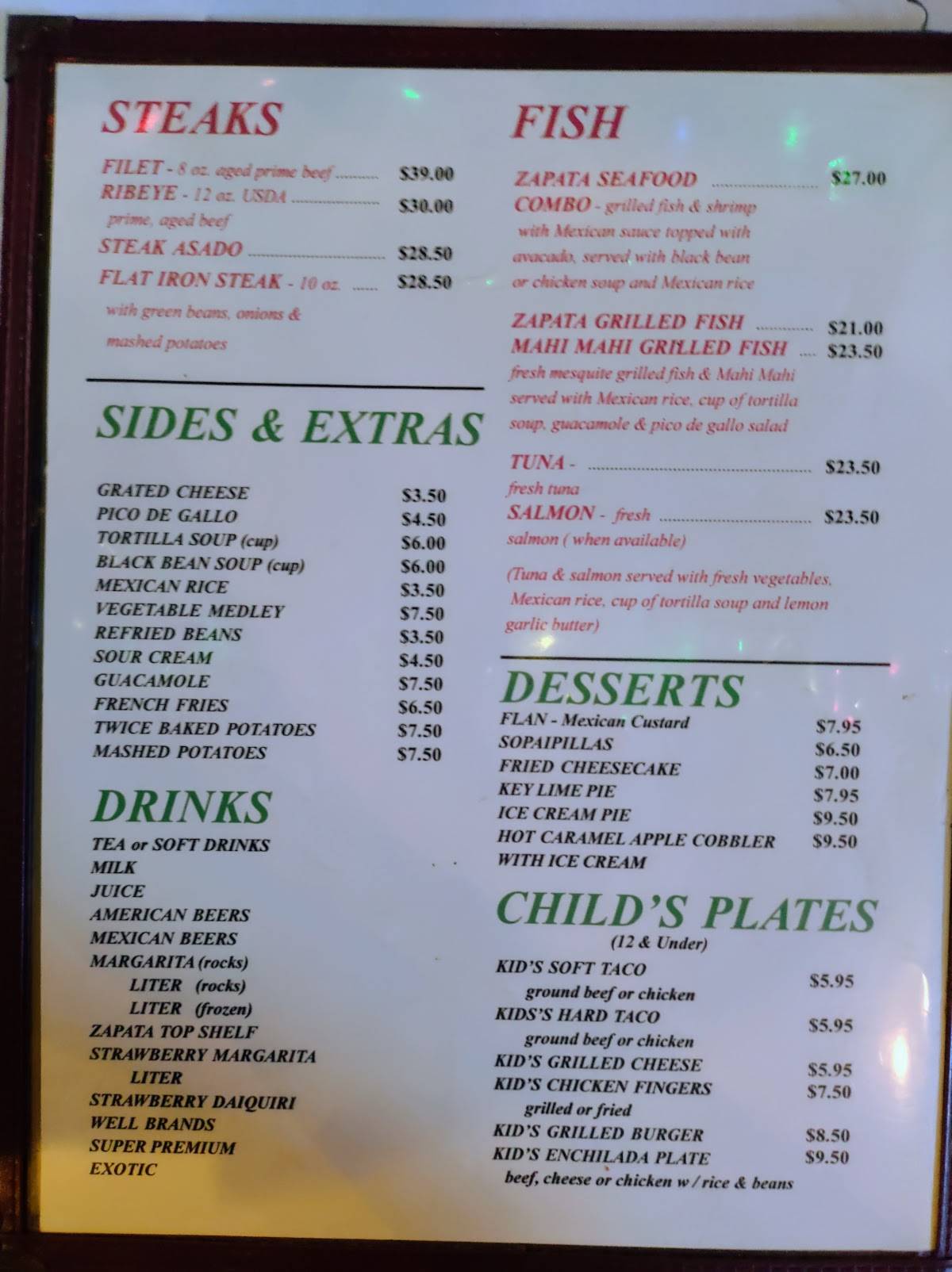 Menu at Zapata's restaurant, Texarkana