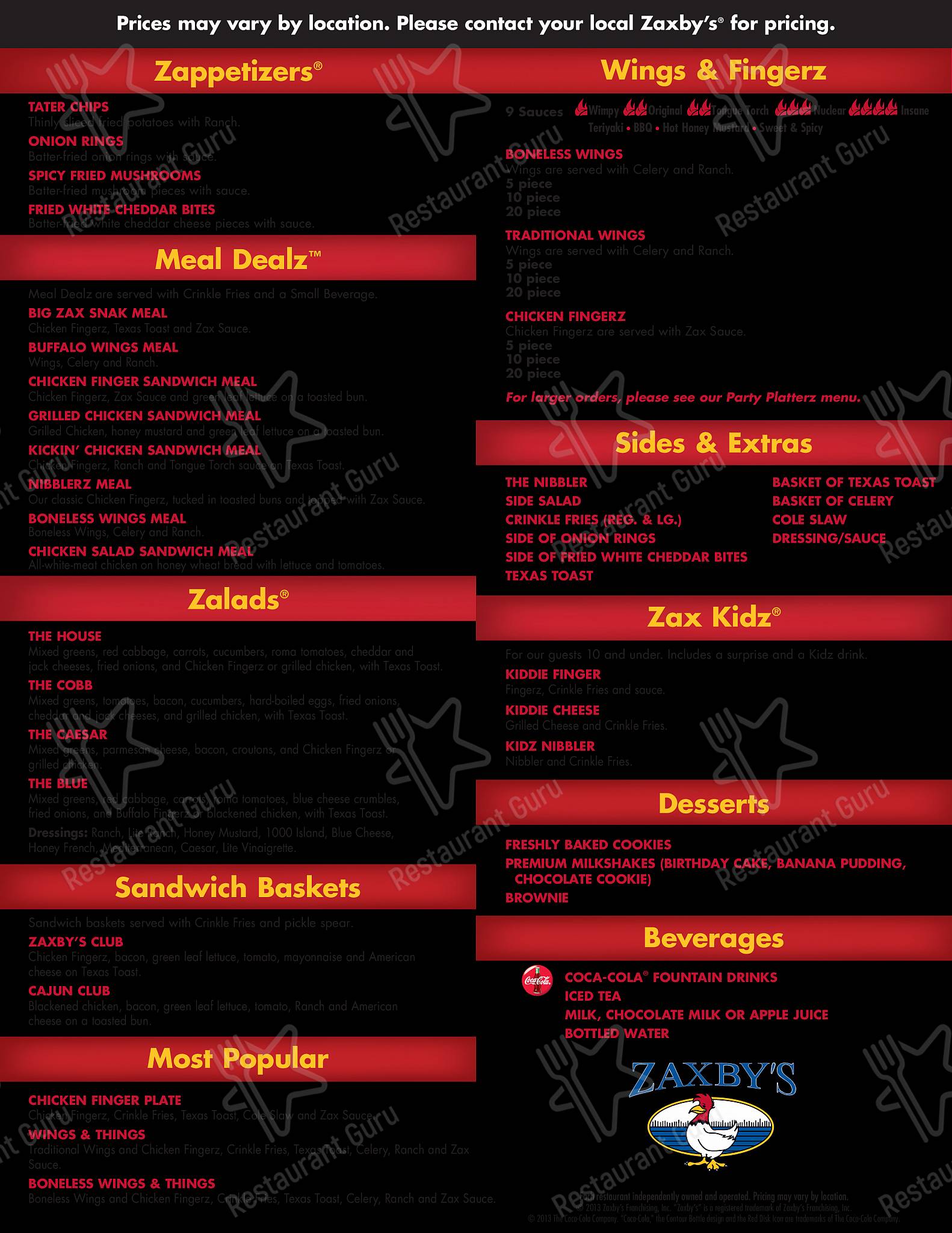 Zaxby's Chicken Fingers & Buffalo Wings menu