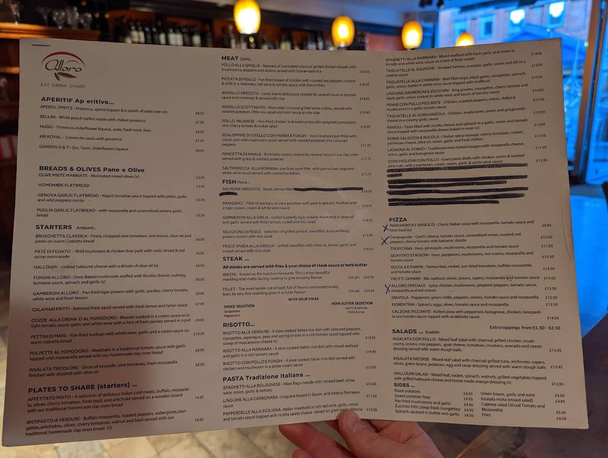 Menu at Alloro Ristorante Italiano pizzeria, Letchworth Garden City
