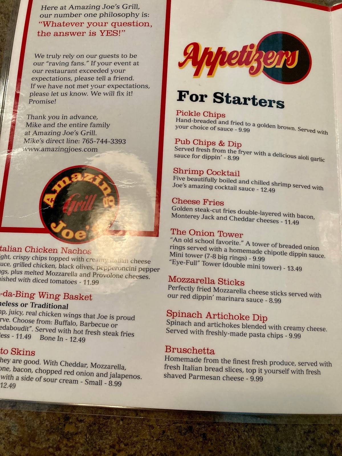 Menu at Amazing Joe's Grill restaurant, Muncie