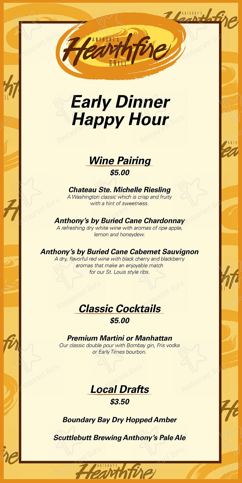Menu at Anthony's Hearthfire Grill, Bellingham steakhouse, Bellingham