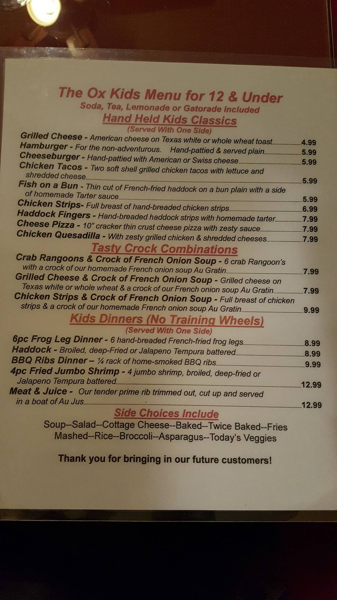 Menu at Red Ox steakhouse, Appleton