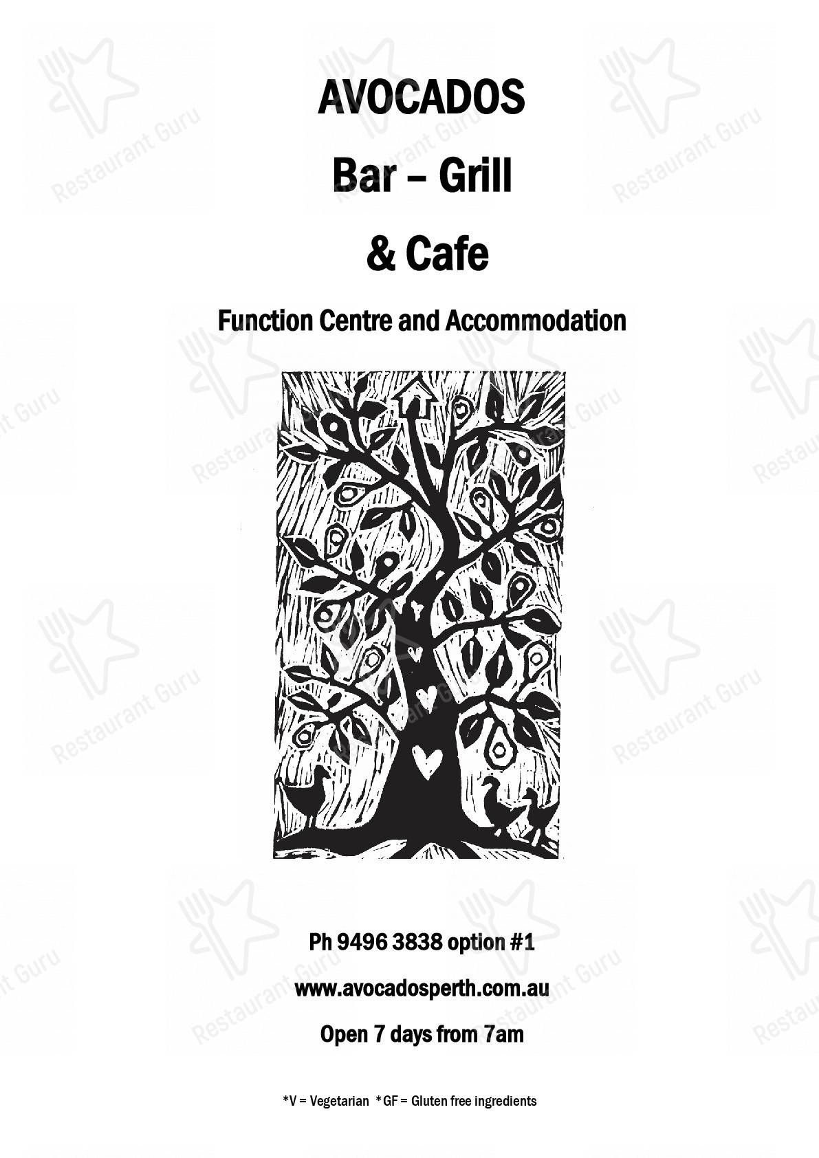 Menu at Avocados Bar & Café, Kelmscott