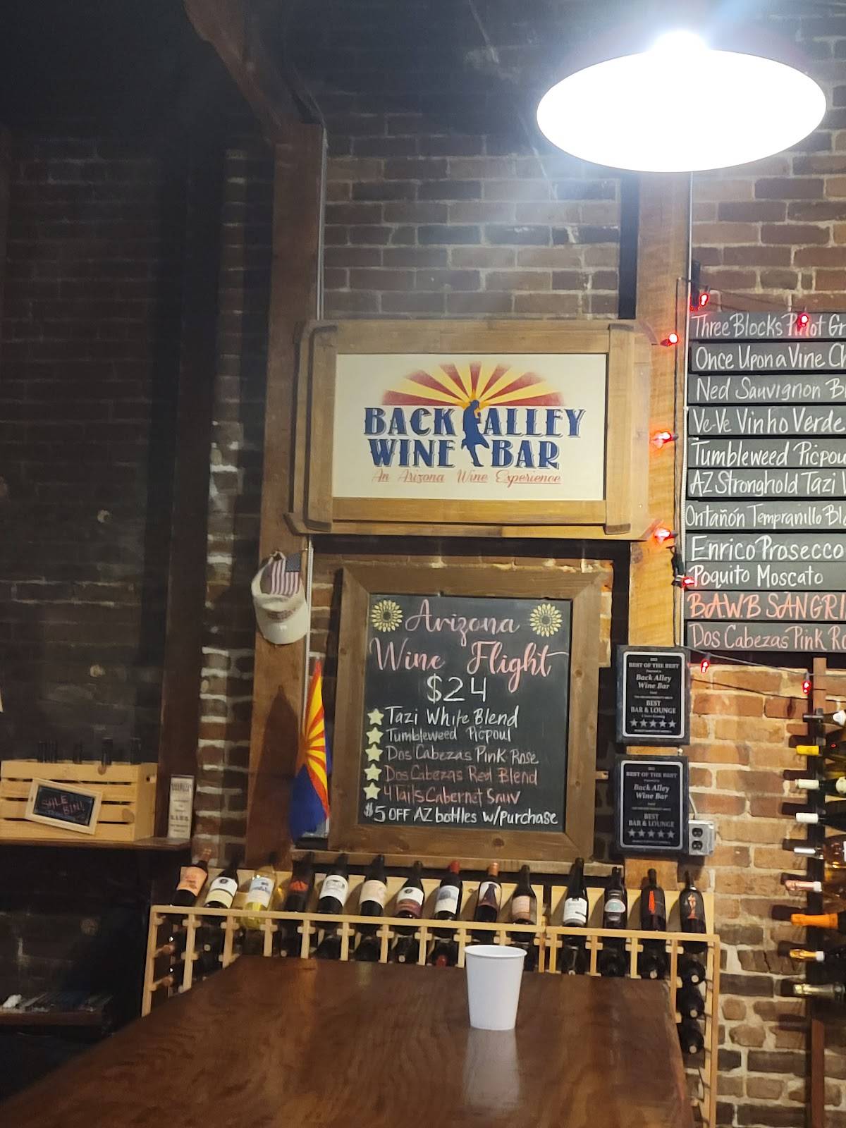 Carta de Back Alley Wine Bar, Prescott, in the Back Alley