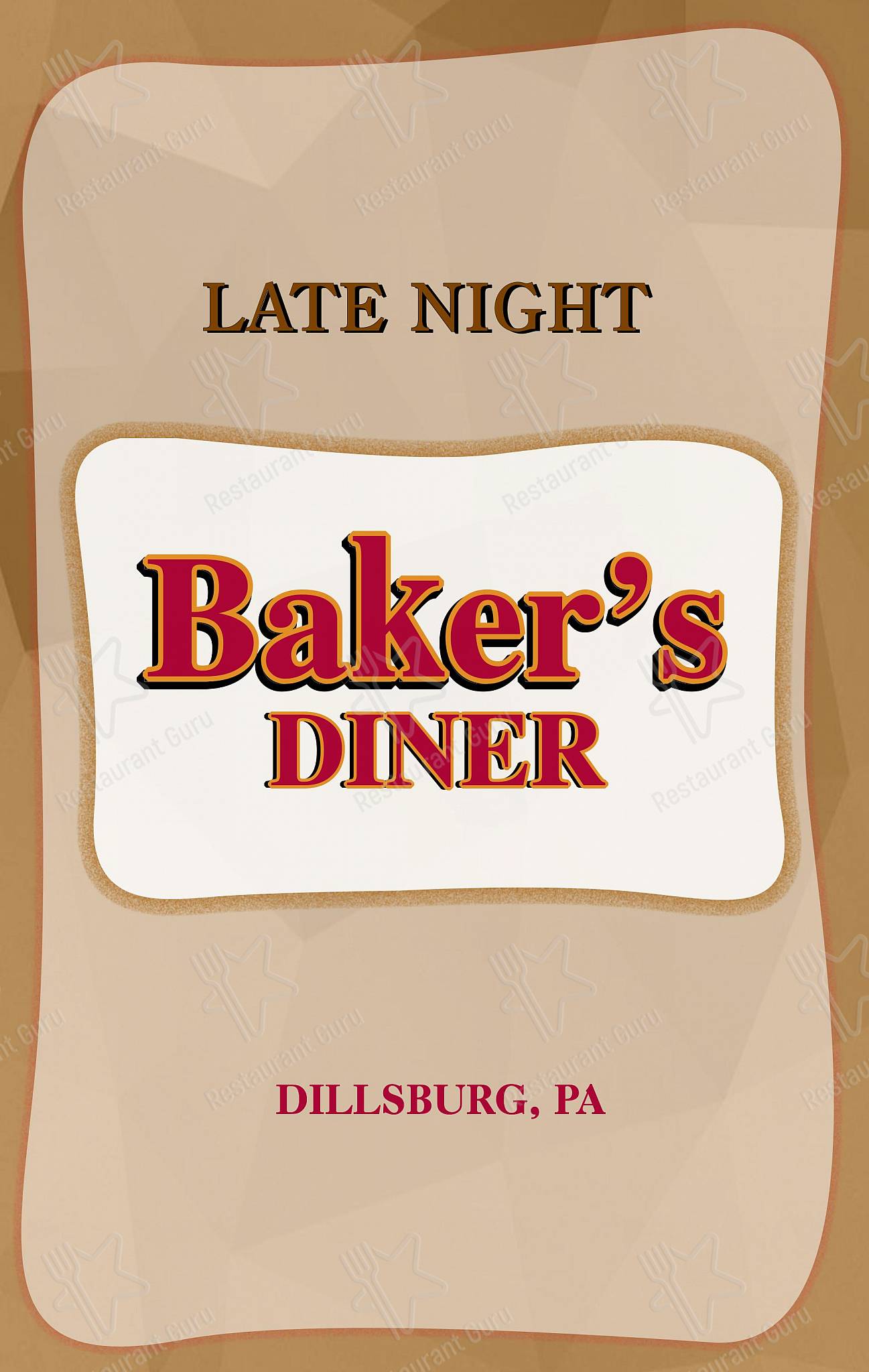 Menu at Baker's Diner restaurant, Dillsburg