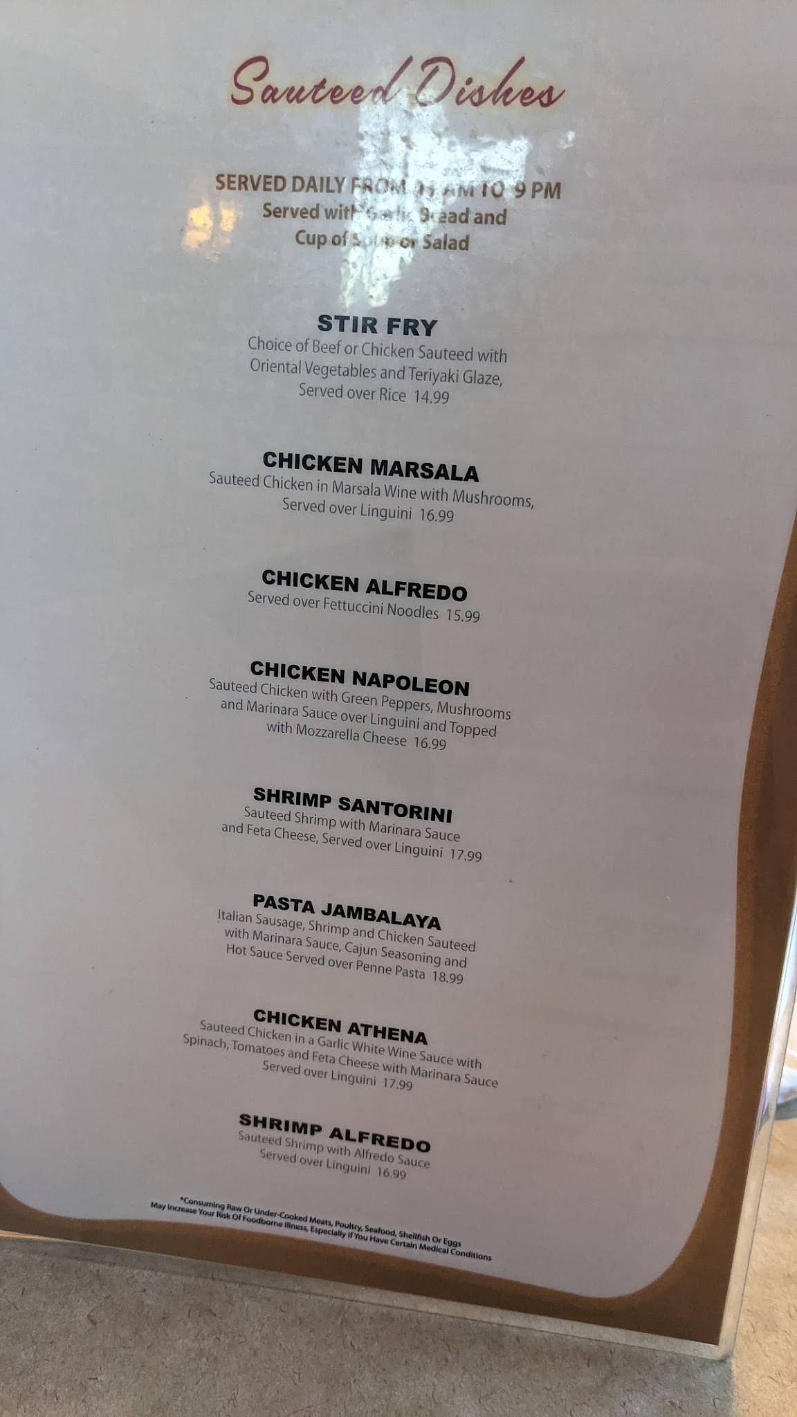 Menu at Baker's Diner restaurant, Dillsburg