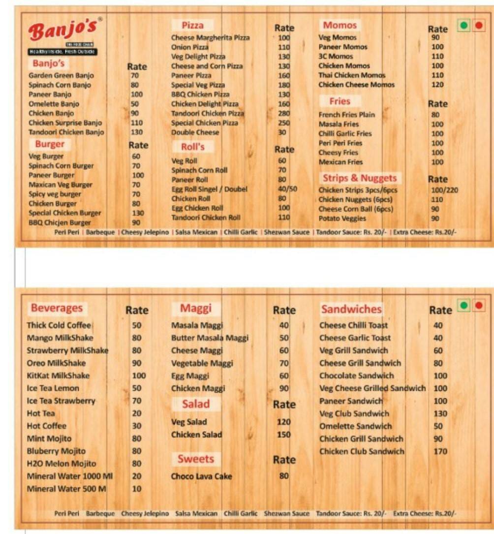 Menu at Banjo's The Food Chain Makhmalabad Best fast food in nashik