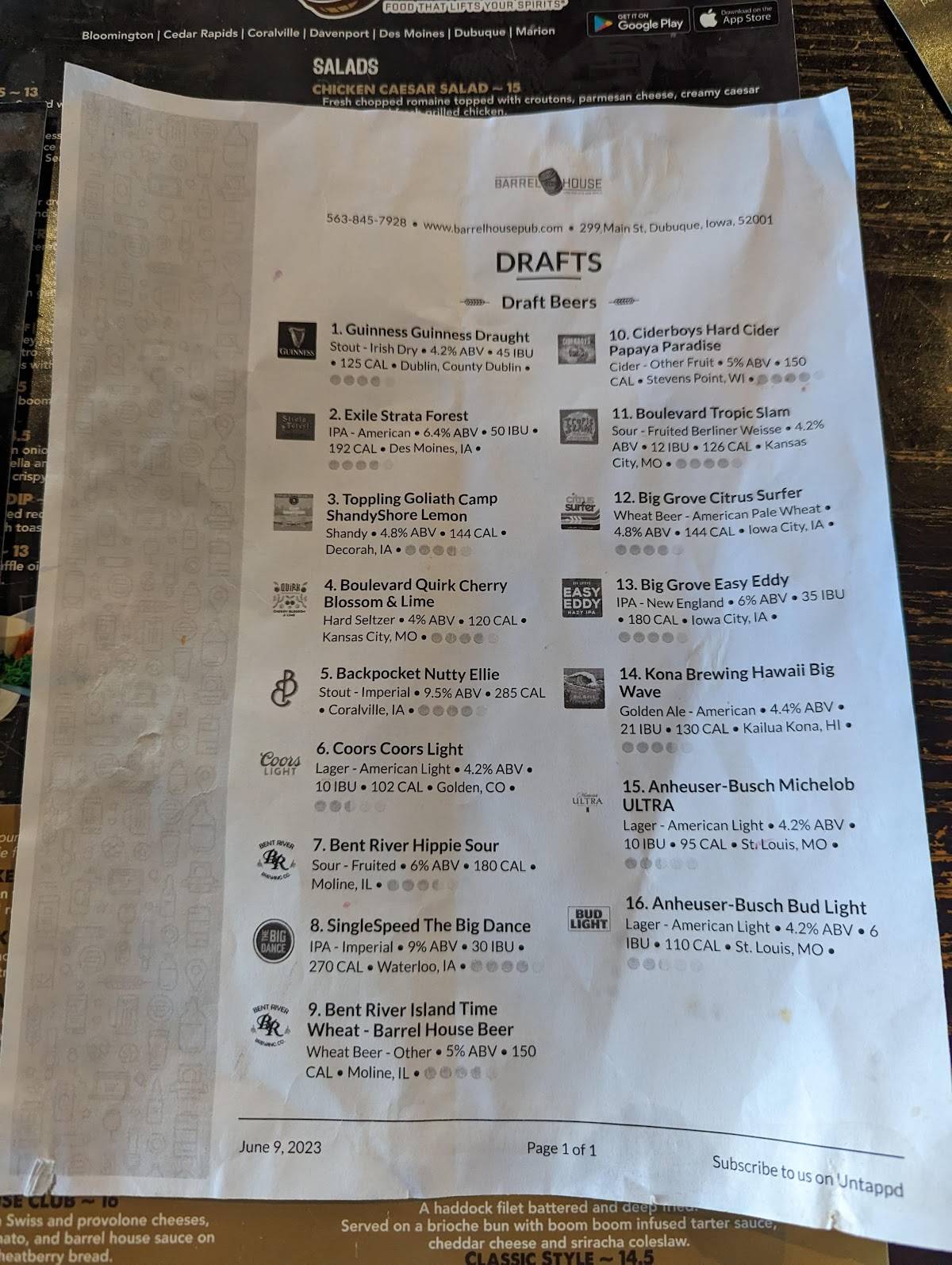 Menu at Barrel House, Dubuque
