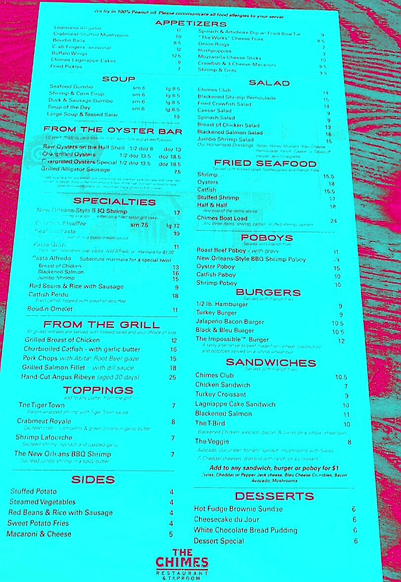 Menu at The Chimes pub & bar, Baton Rouge