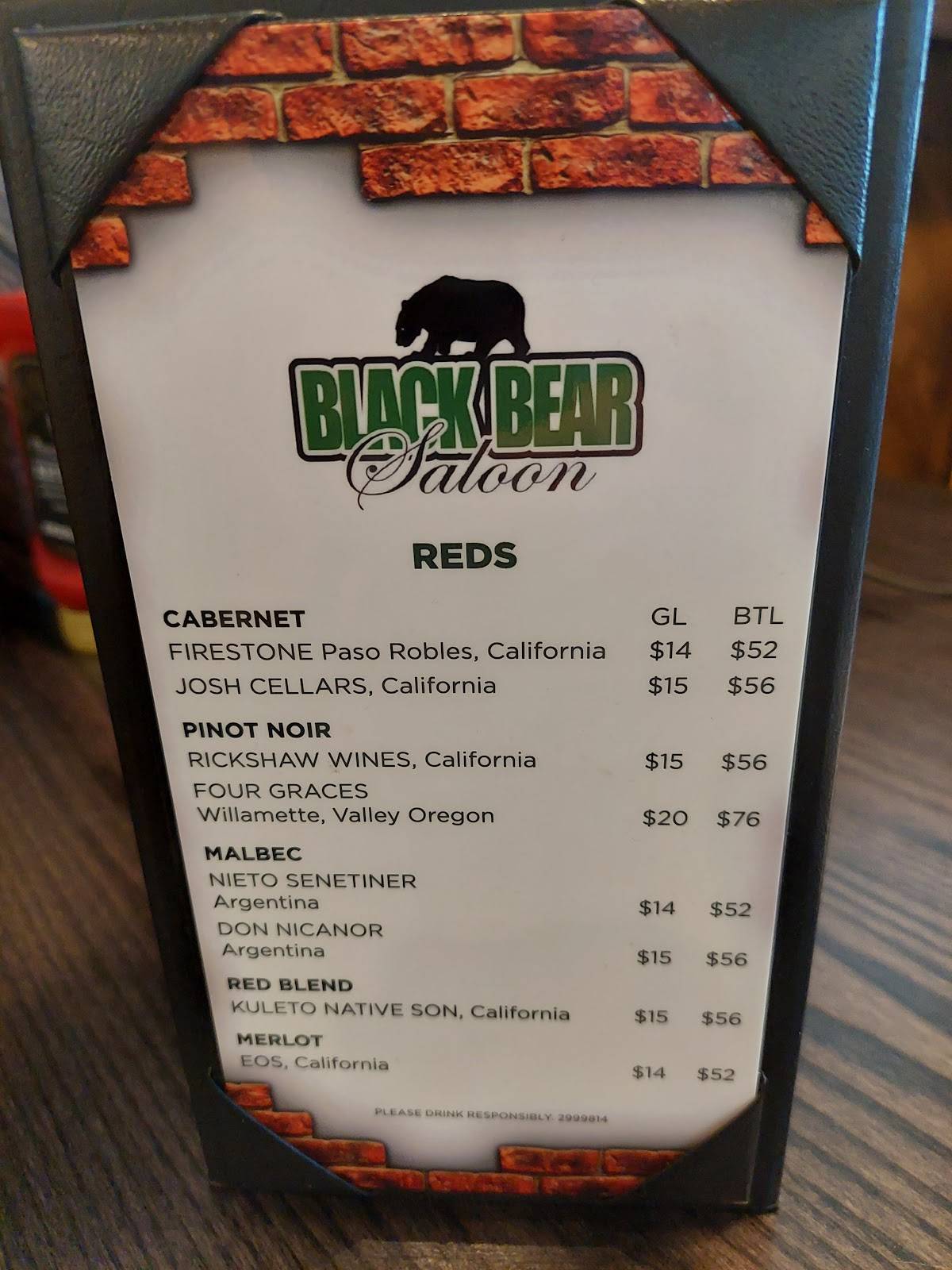 Menu at Black Bear Saloon pub & bar, Windsor Locks