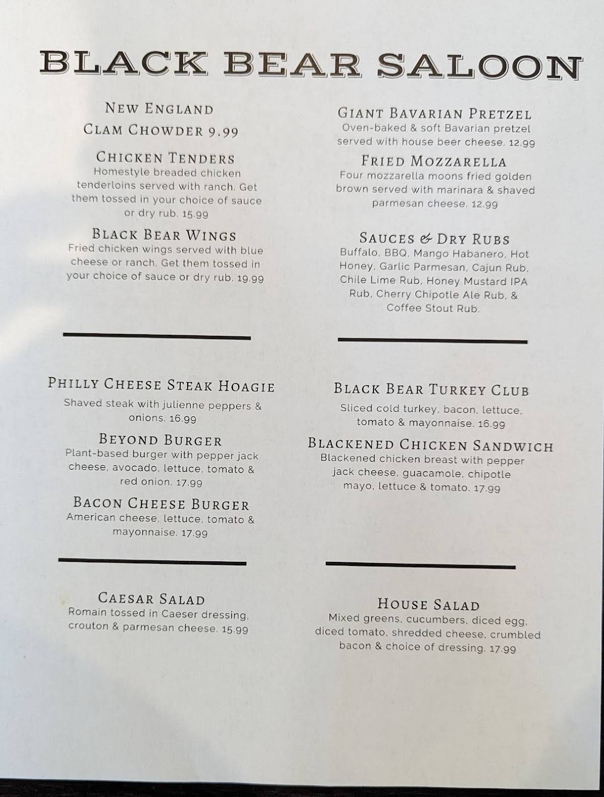 Menu at Black Bear Saloon pub & bar, Windsor Locks