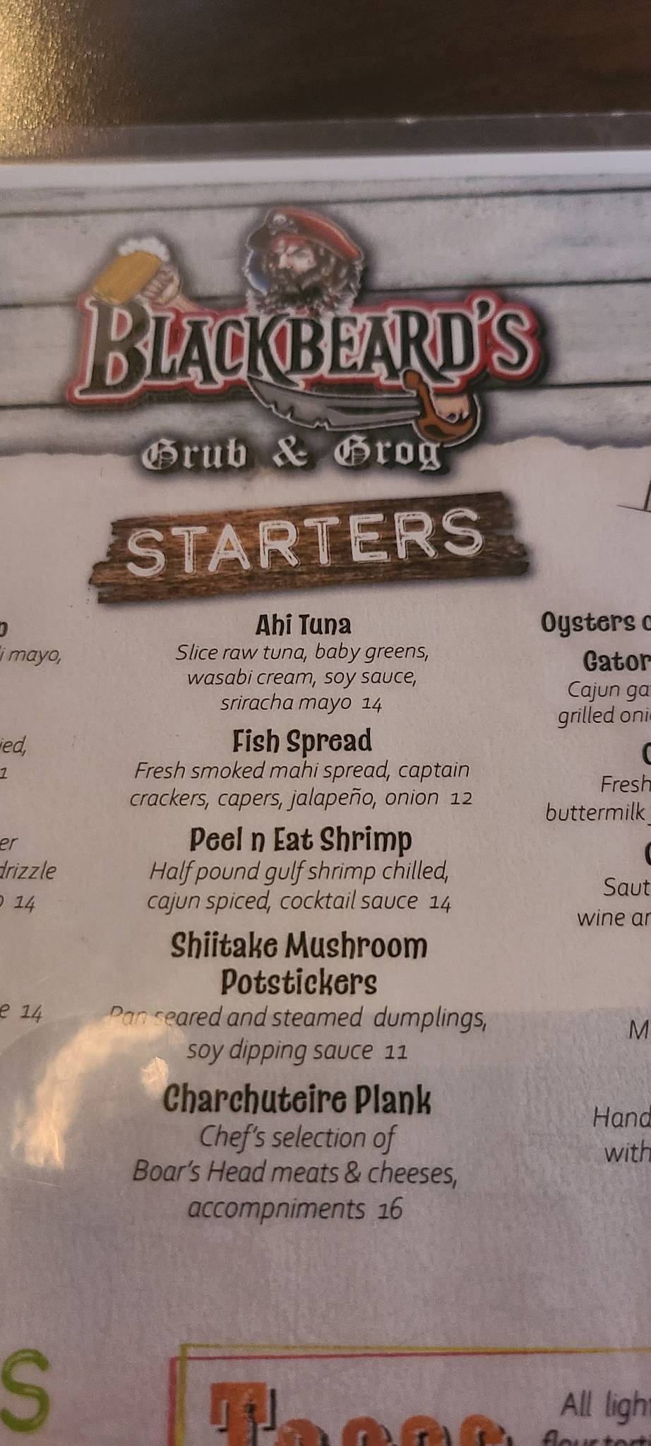 Menu at Blackbeard's Grub & Grog restaurant, Tarpon Springs