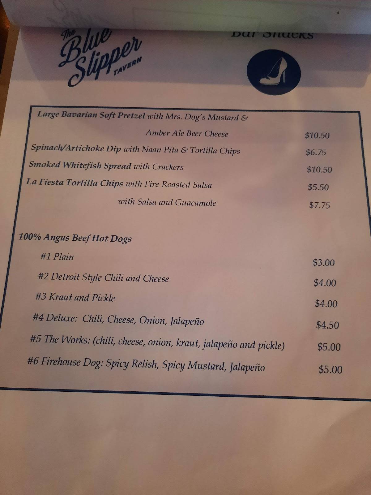 Menu at Blue Slipper Tavern pub & bar, Onekama, 1st St 9756