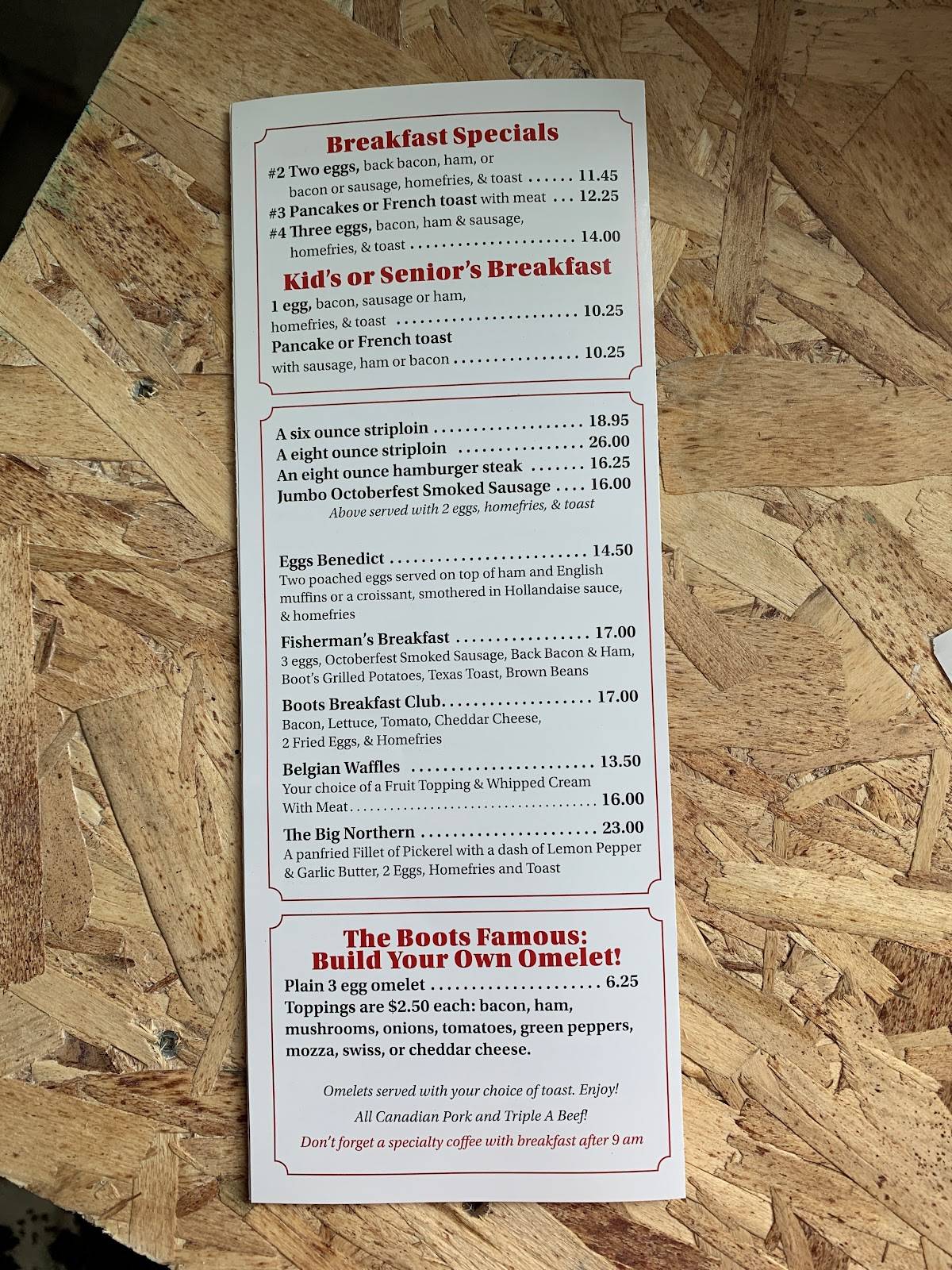 Menu at Boot & Blade Restaurant, Owen Sound