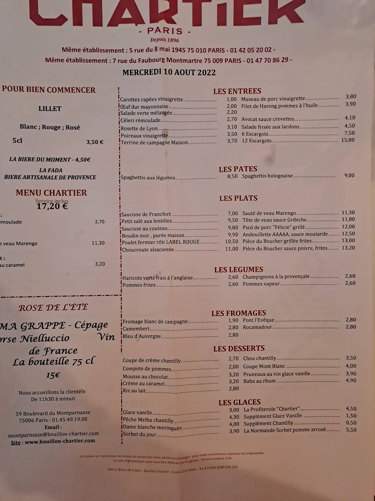 Carta del restaurante Bouillon Chartier, Paris, 59 Bd du Montparnasse