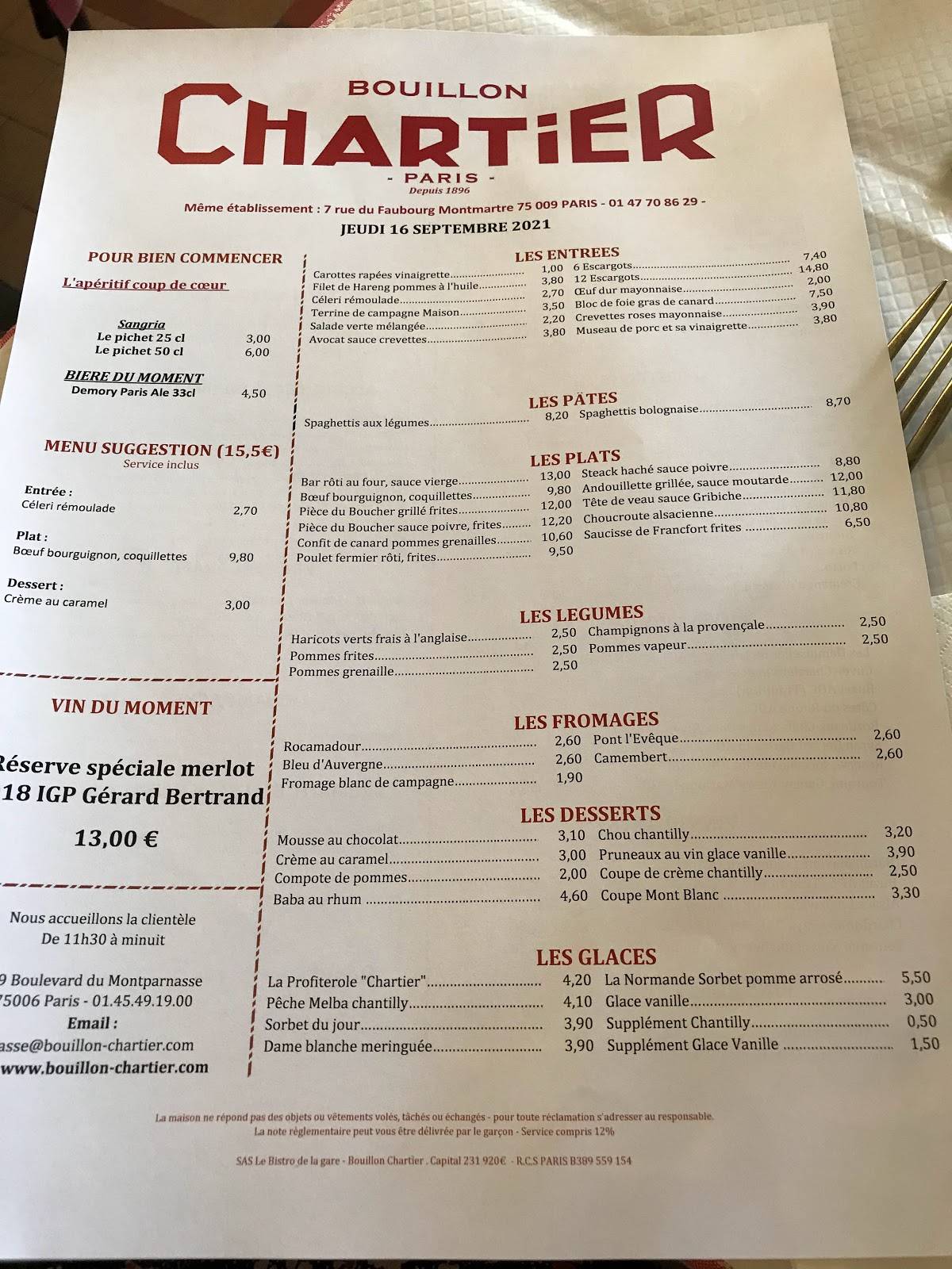 Carta del restaurante Bouillon Chartier, Paris, 59 Bd du Montparnasse