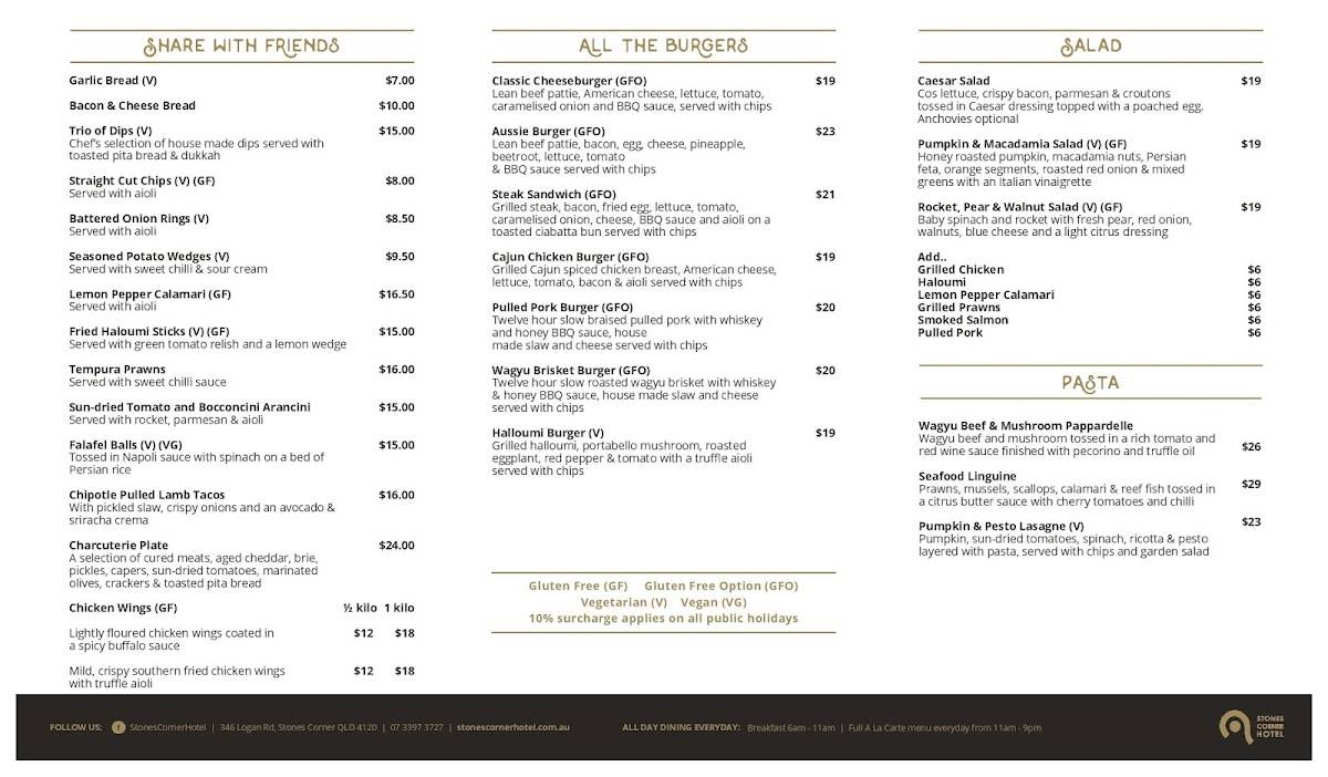 Menu at Stones Corner Hotel pub & bar, Greenslopes