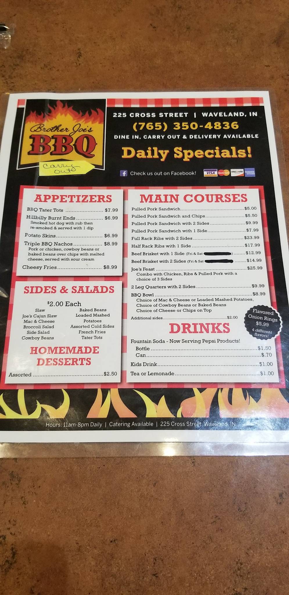 Menu at Brother Joe's BBQ, Waveland