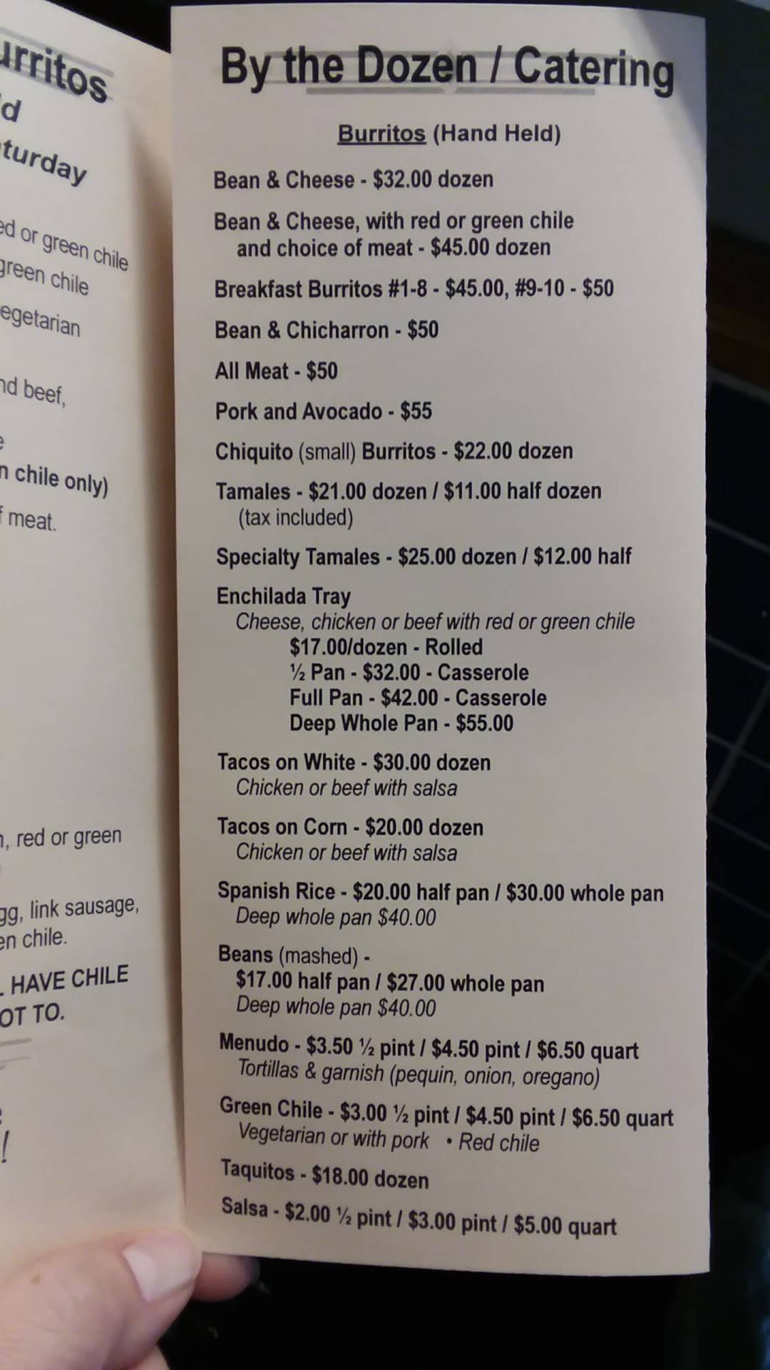 Menu at Burrito's Betty restaurant, Pueblo