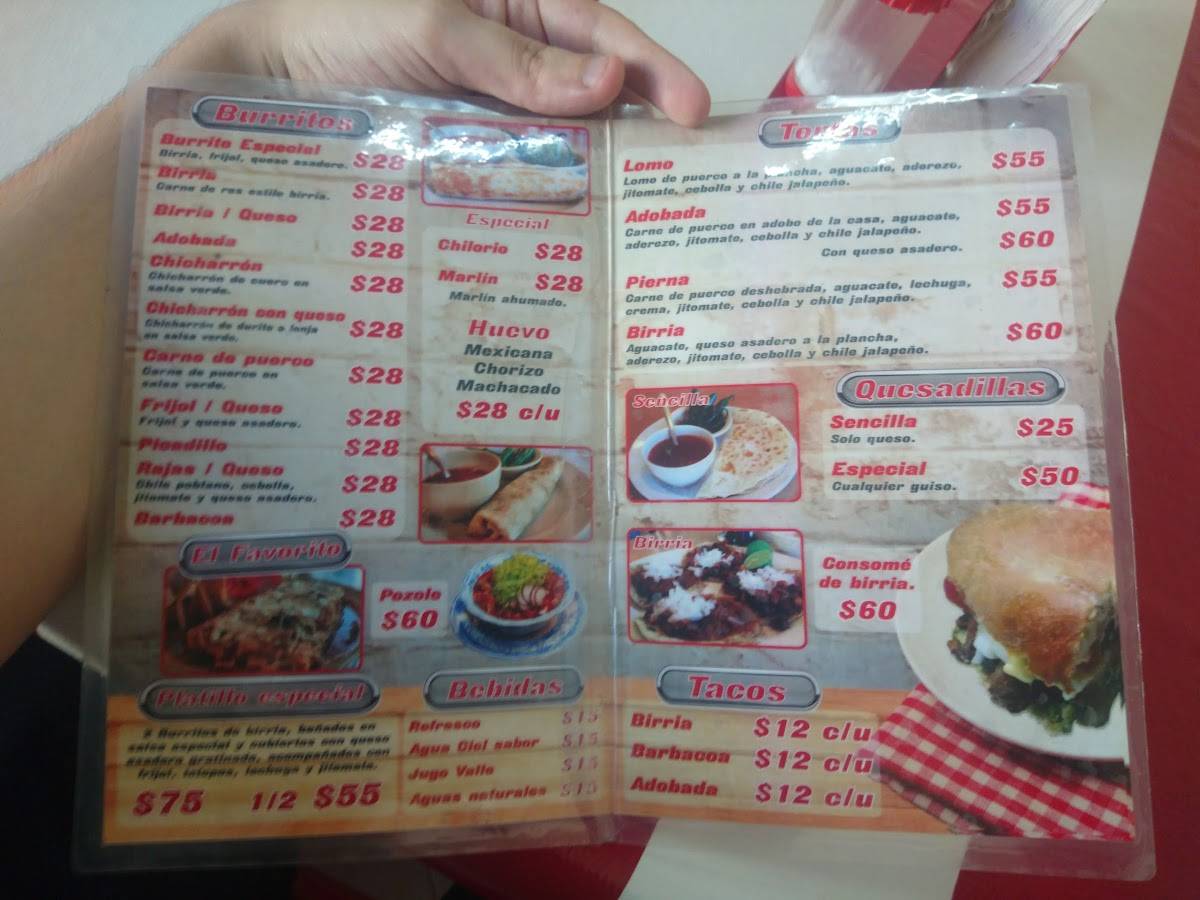 Menu at Burritos La Palma restaurant, Monterrey