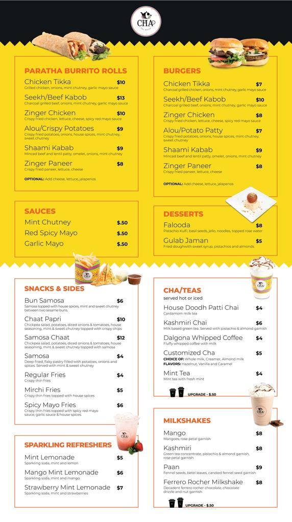 Menu at CHA Street Food (Tysons Corner Mall) restaurant, Tysons
