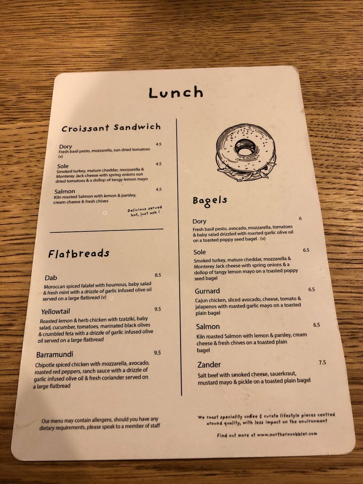 Menu at Northern Cobbler cafe, Leicester, 104 Queens Rd
