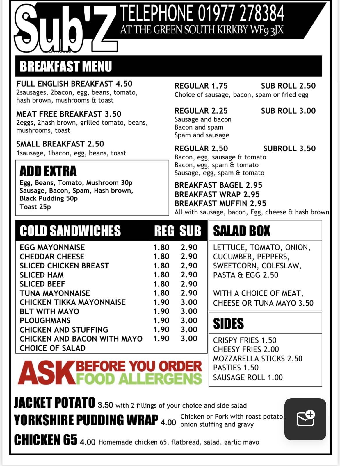 Menu at SUBZ Cafe, South Elmsall