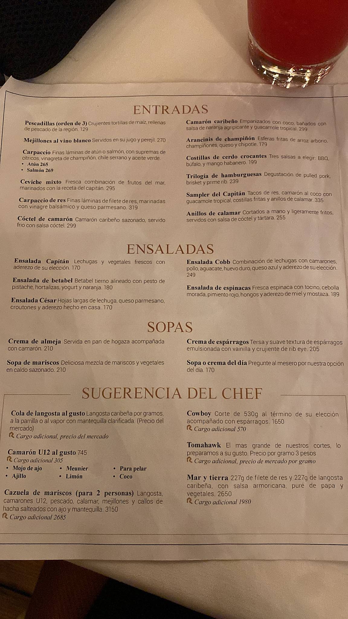Menu at Captain's Cove steakhouse, Cancún, Blvd. Kukulcan KM16.5