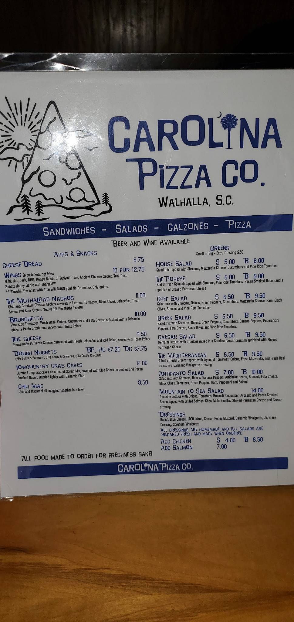 Menu at Carolina Pizza Company pizzeria, Walhalla