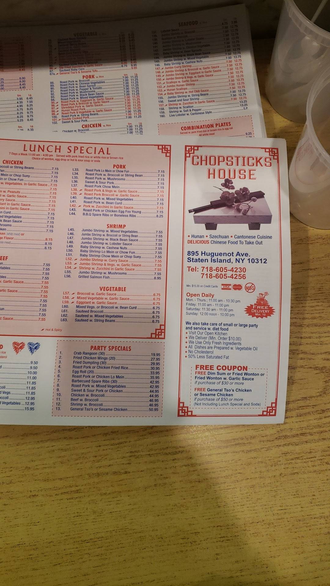 Menu at Chopsticks House restaurant, New York City, 895 Huguenot Ave