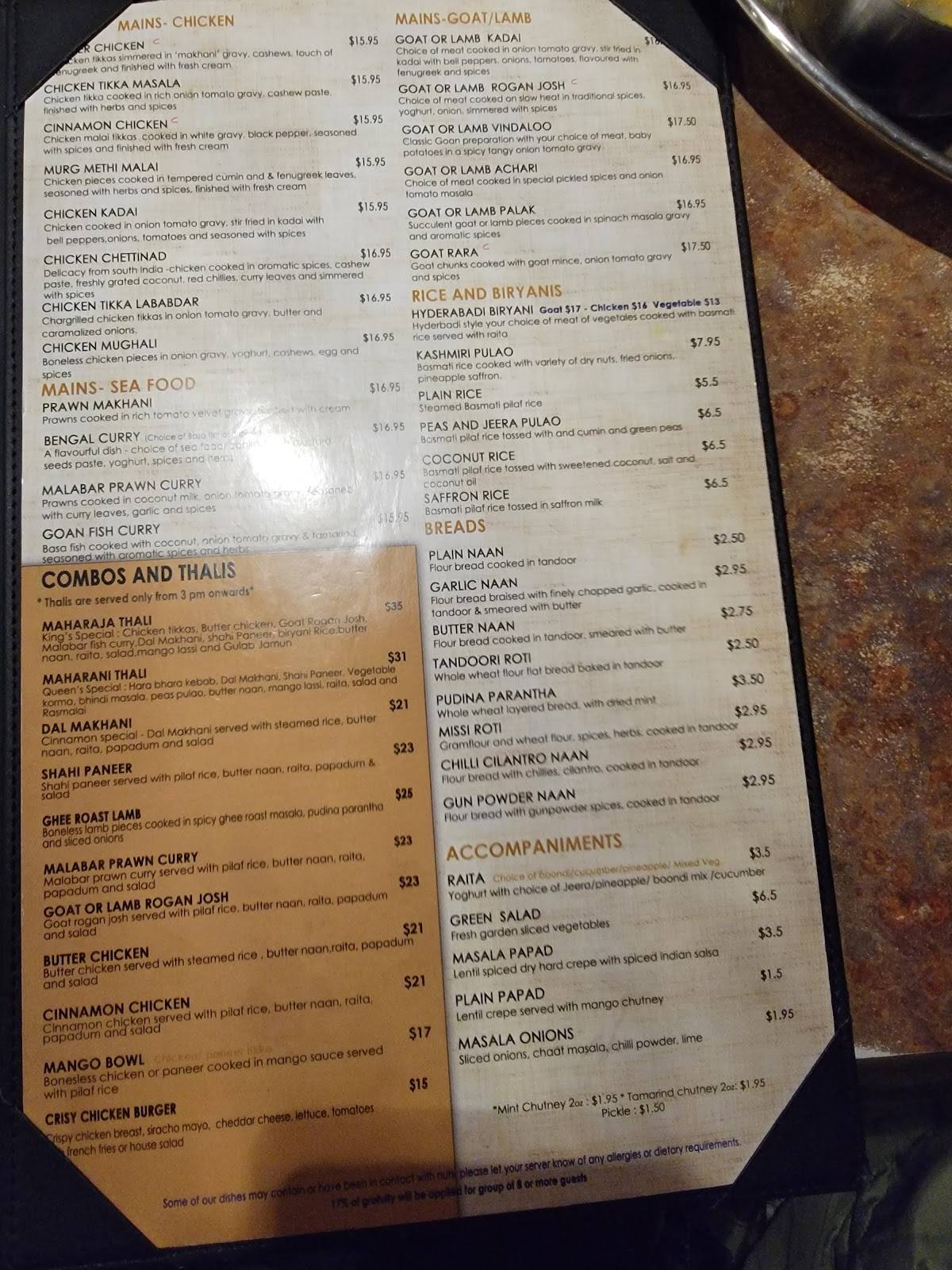 Menu at Cinnamon Indian Cuisine & Bar, Calgary, 23 St NE