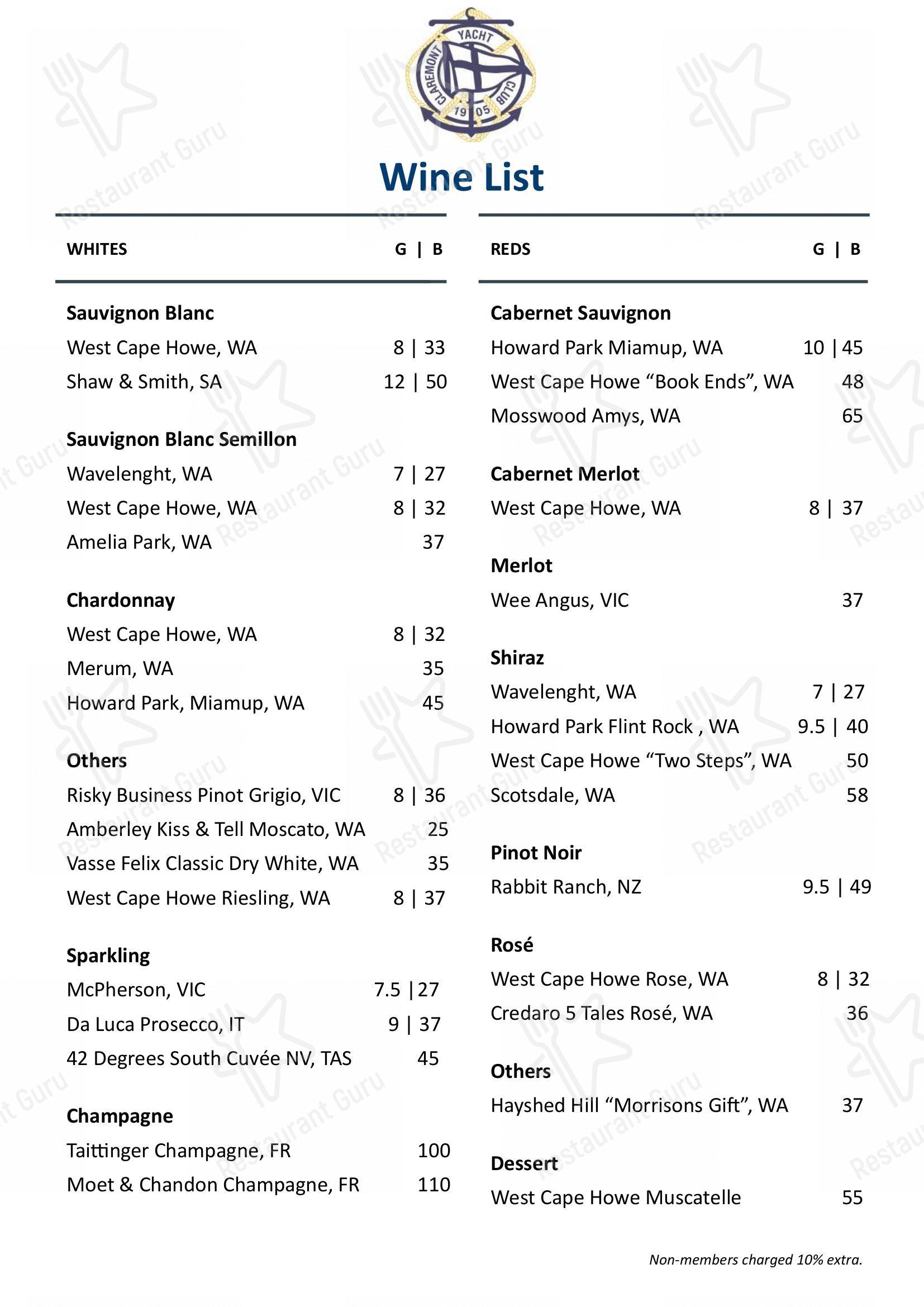 claremont yacht club menu