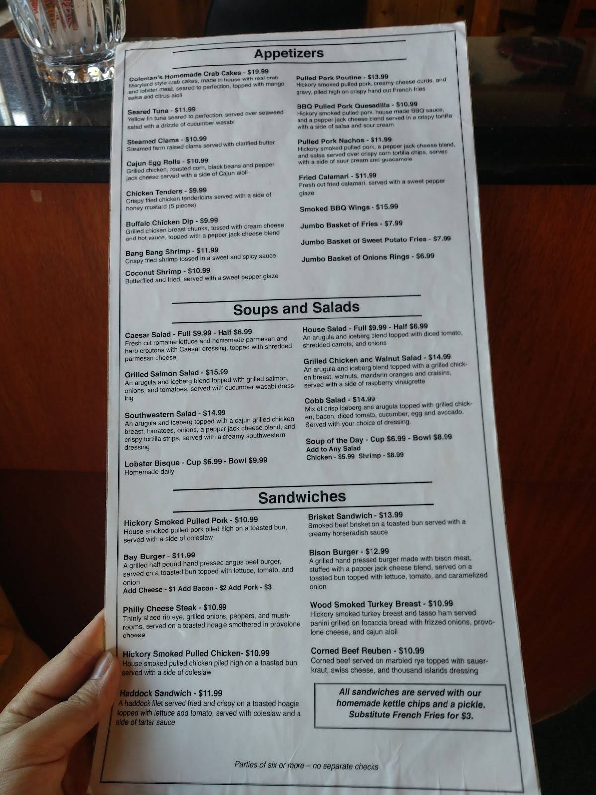 Menu at Coleman's Dock Of The Bay restaurant, Alexandria Bay