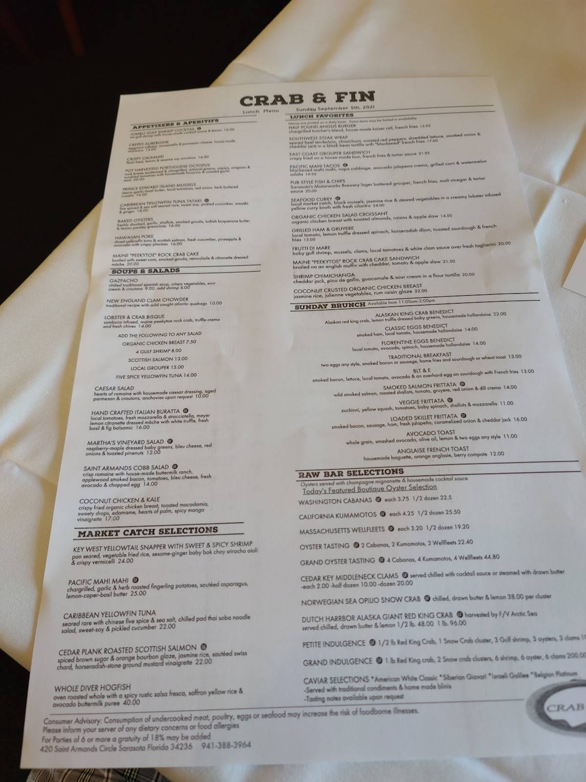 Menu at Crab & Fin Restaurant, Sarasota, 420 St Armands Cir