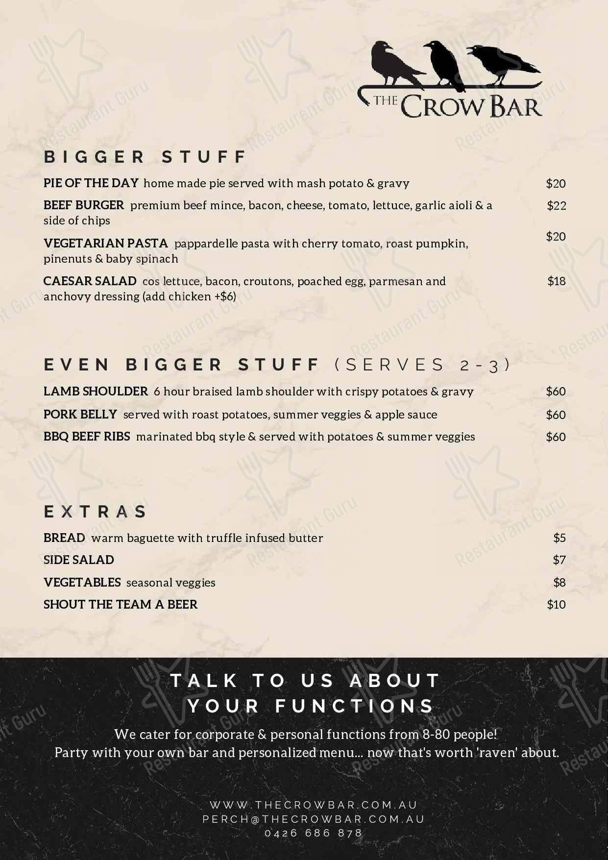 The Crow Bar menu