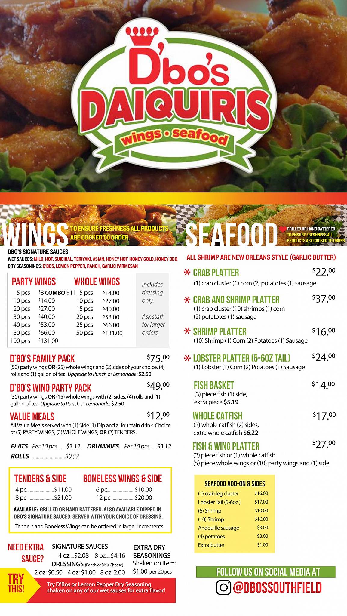Menu at D'bo's Daiquiris, Wings & Seafood pub & bar, Southfield