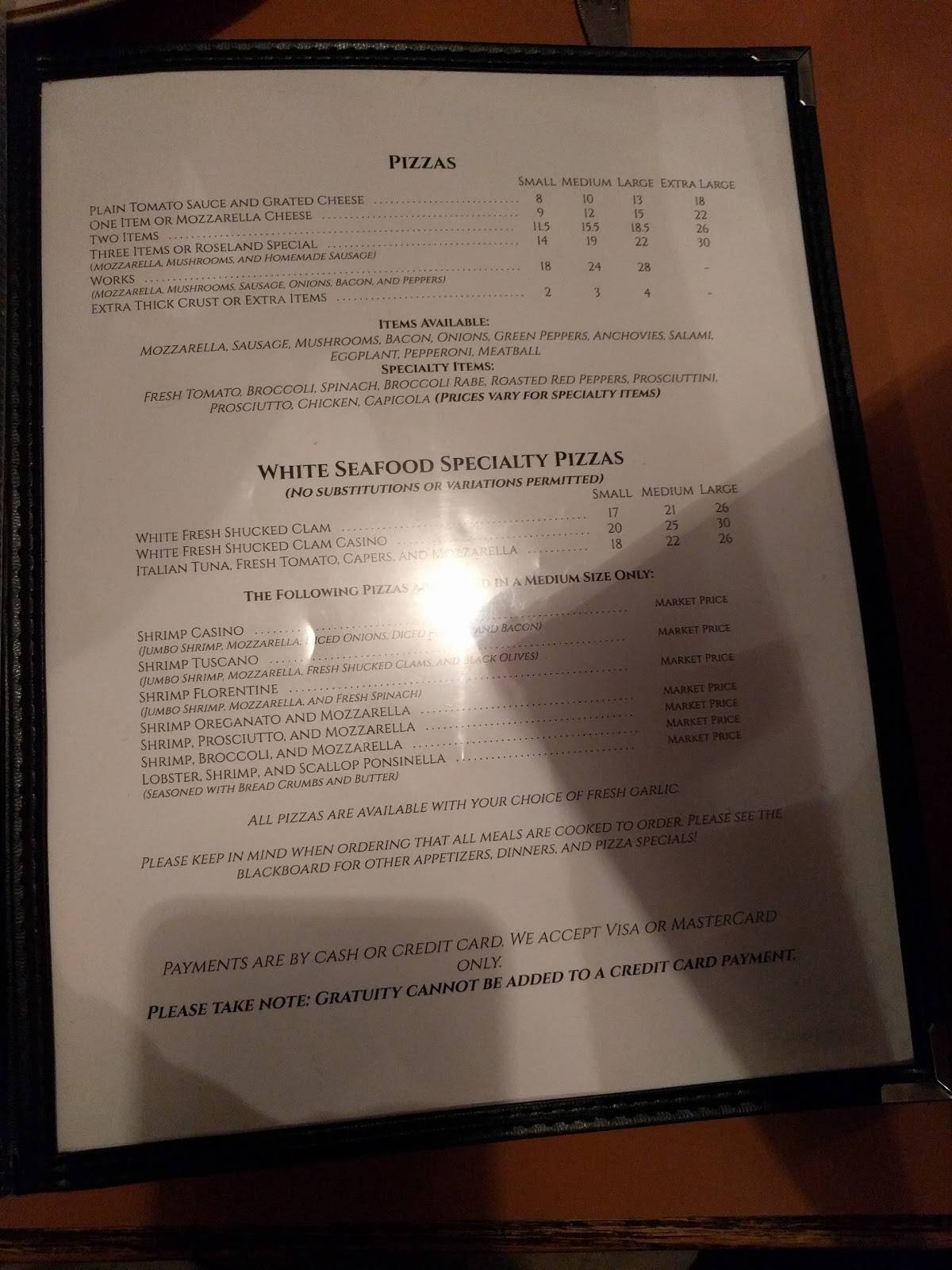 Menu at Roseland Apizza pizzeria, Derby