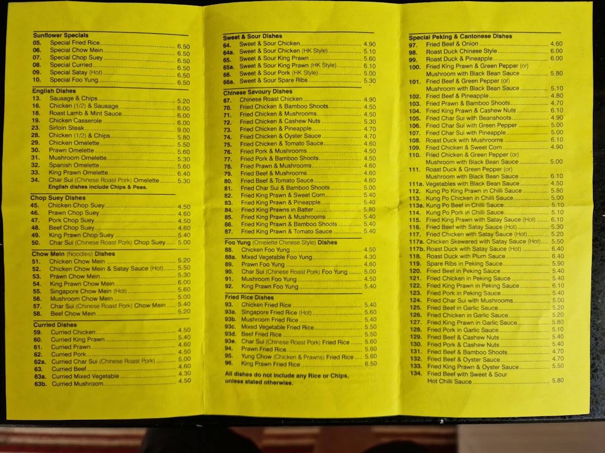Menu at Sunflower Take Away fast food, BartonuponHumber